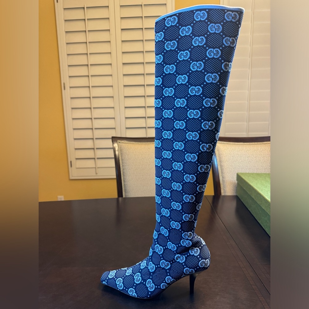 New Gucci GG Supreme Logo Knit Blue Knee High Boots Size 37.5 / US 7.5 - Picture 7 of 16